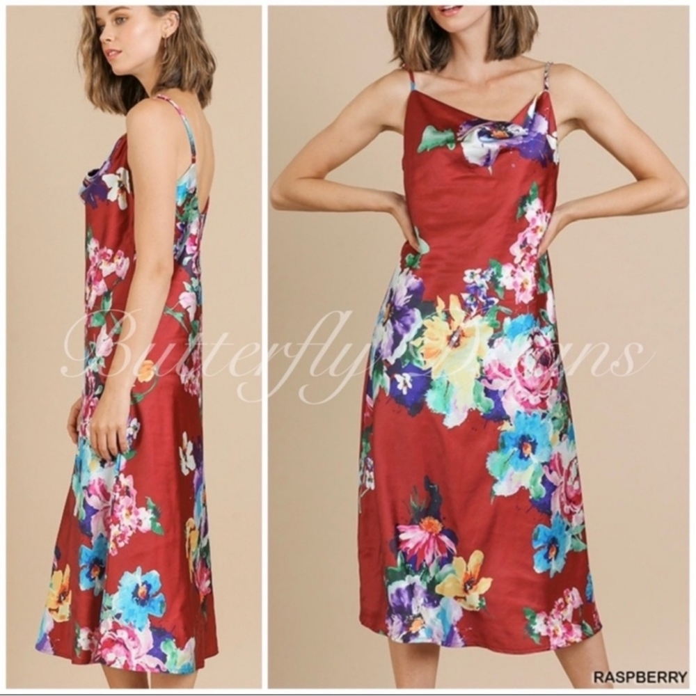 BNWT Umgee Satin Cami Slip Floral Dress, Sz M - Picture 2 of 3